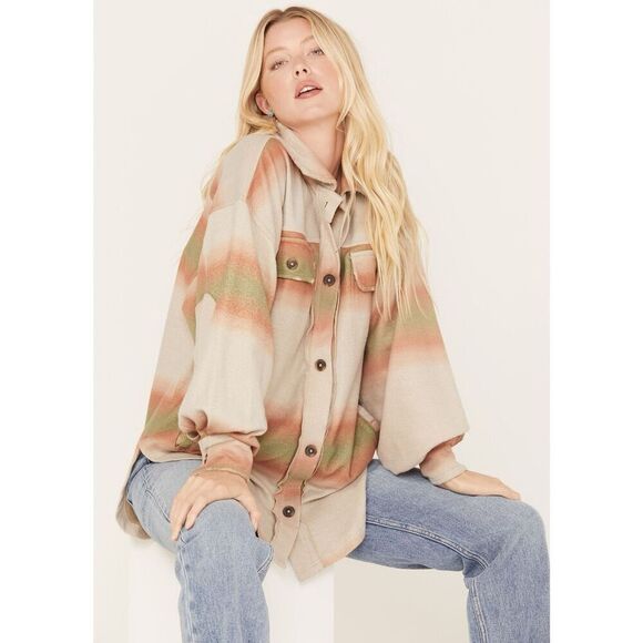 Free People Rugby Jacket Womens S Ombré Work Shirt Oversized Distressed Shacket - Picture 1 of 8